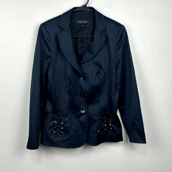 Escada Women's 38 Black Blazer Lace Up Pocket Detail - Picture 1 of 7